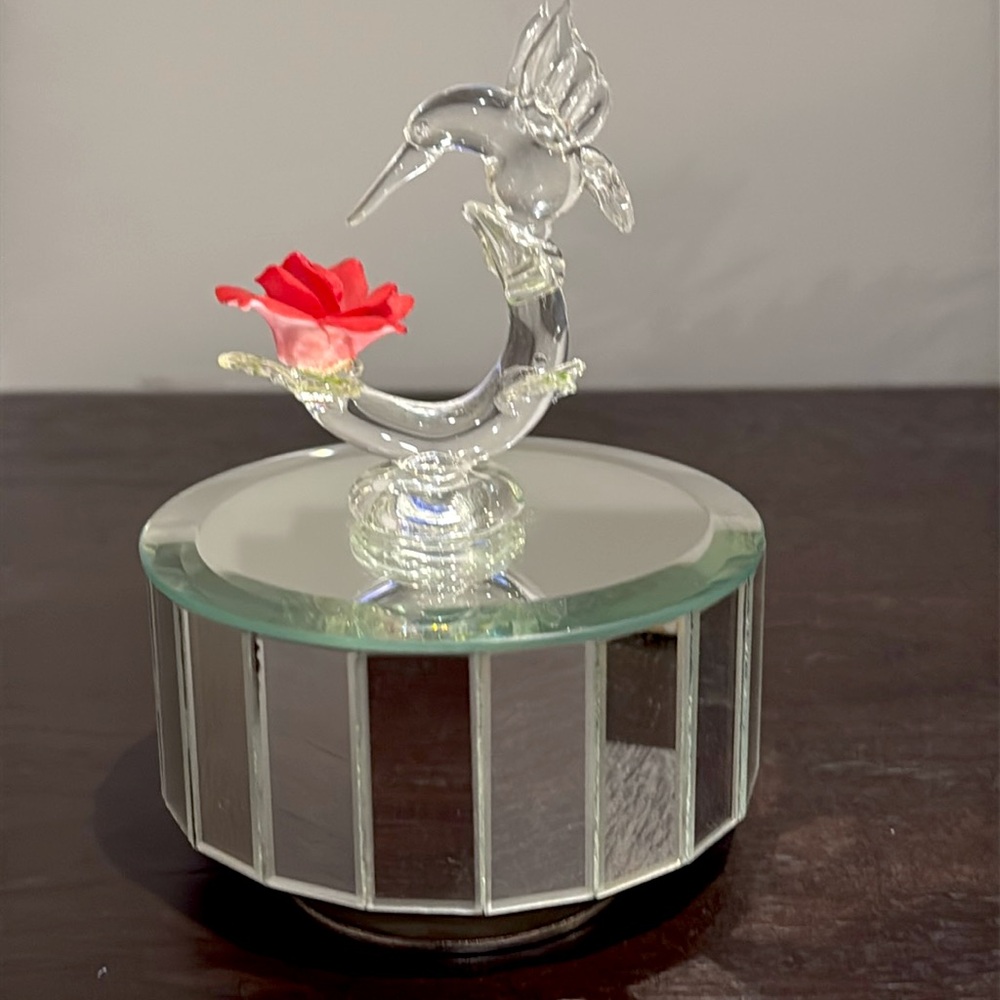 Vintage Glama Rotating Mirrored Glass Music Box with Hummingbird and flower. Ev…
